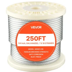VEVOR 1/4 Inch Wire Rope, 250 ft Length, Zinc Galvanized Carbon Steel Cable with Gloves, 7000 lbs Breaking Strength, 7 x 19 Strands Construction, Wire Cable for Deck Railing System, Garden Trellis