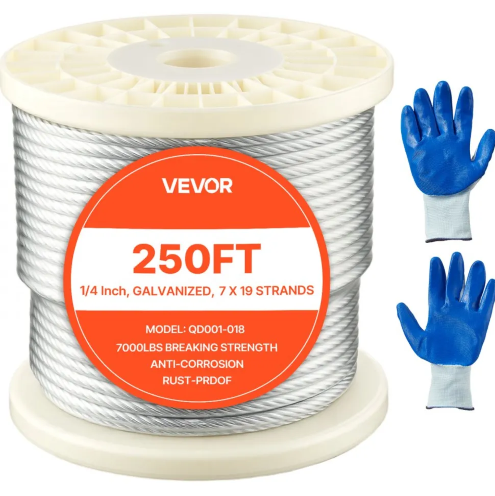 VEVOR 1/4 Inch Wire Rope, 250 ft Length, Zinc Galvanized Carbon Steel Cable with Gloves, 7000 lbs Breaking Strength, 7 x 19 Strands Construction, Wire Cable for Deck Railing System, Garden Trellis