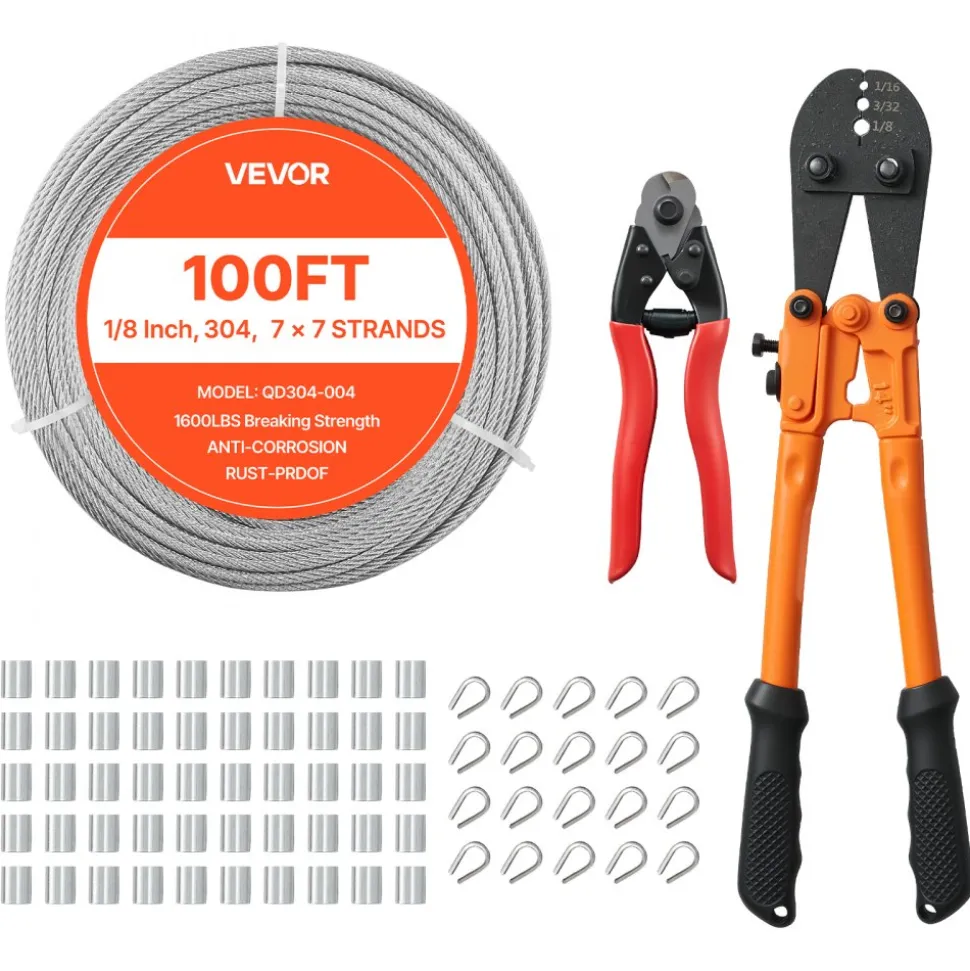 VEVOR 3/32 Inch Wire Rope Kit, 165 ft Length, 304 Stainless Steel Wire Cable, 450 lbs Breaking Strength, 7 x 7 Strands Construction, Steel Cable for Deck Railing System, Garden Trellis, String Lights