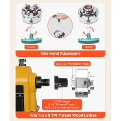 VEVOR 4 Inch Wood Lathe Chuck, 4-Jaw, Bevel-Gear Self-Centering Wood Turning Chuck Set with 1