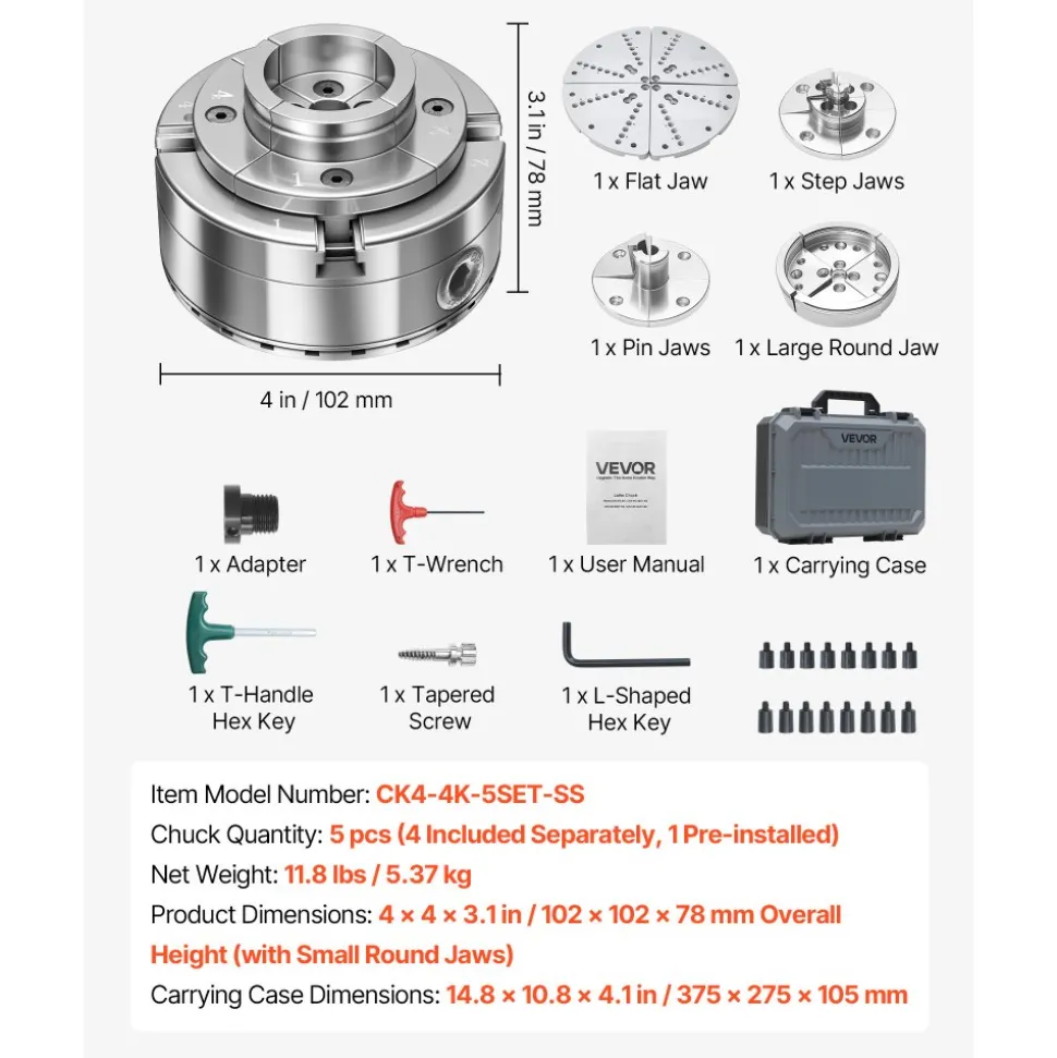 VEVOR 4 Inch Wood Lathe Chuck, 4-Jaw, Bevel-Gear Self-Centering Wood Turning Chuck Set with 1" x 8TPI Thread & Adapter, 5 PCS Jaws Round/Flat/Step/Pin, Carry Case, Nickel-Plated, for Woodworking Lathe