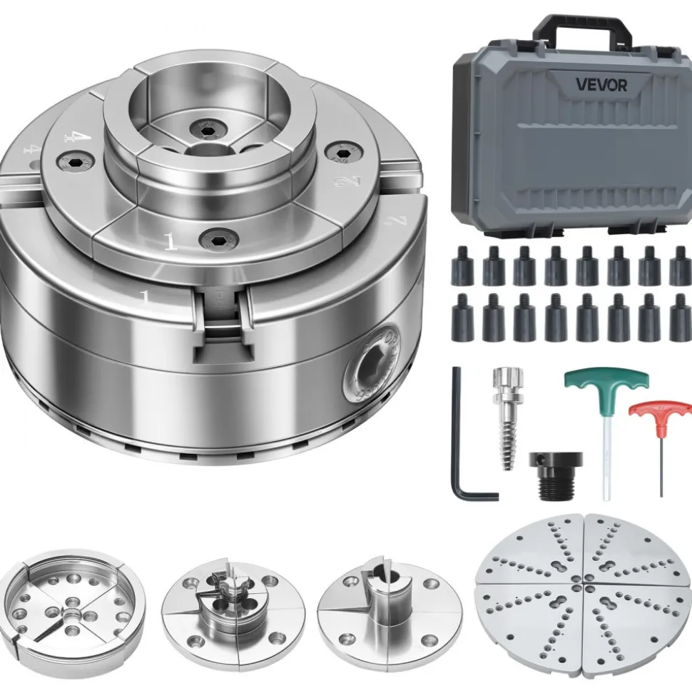 VEVOR 4 Inch Wood Lathe Chuck, 4-Jaw, Bevel-Gear Self-Centering Wood Turning Chuck Set with 1" x 8TPI Thread & Adapter, 5 PCS Jaws Round/Flat/Step/Pin, Carry Case, Nickel-Plated, for Woodworking Lathe