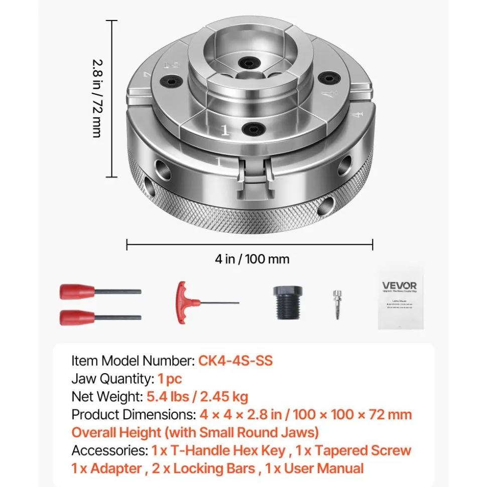 VEVOR 4 Inch Wood Lathe Chuck, 4-Jaw, Self-Centering Wood Turning Chuck Set with 1" x 8TPI Thread & Adapter, Nickel-Plated, High-Hardness Steel, Inside Clamping & Outside Support, for Woodworking