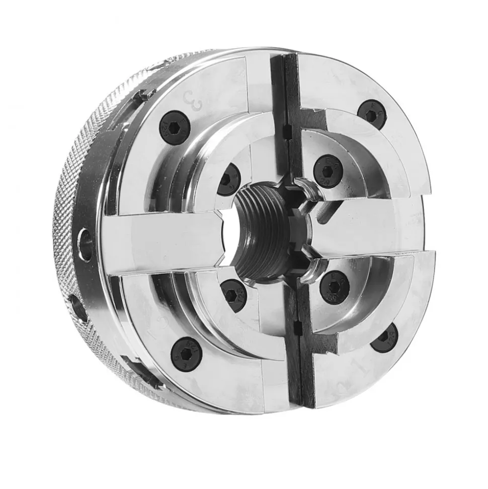VEVOR 4 Inch Wood Lathe Chuck, 4-Jaw, Self-Centering Wood Turning Chuck Set with 1" x 8TPI Thread & Adapter, Nickel-Plated, High-Hardness Steel, Inside Clamping & Outside Support, for Woodworking