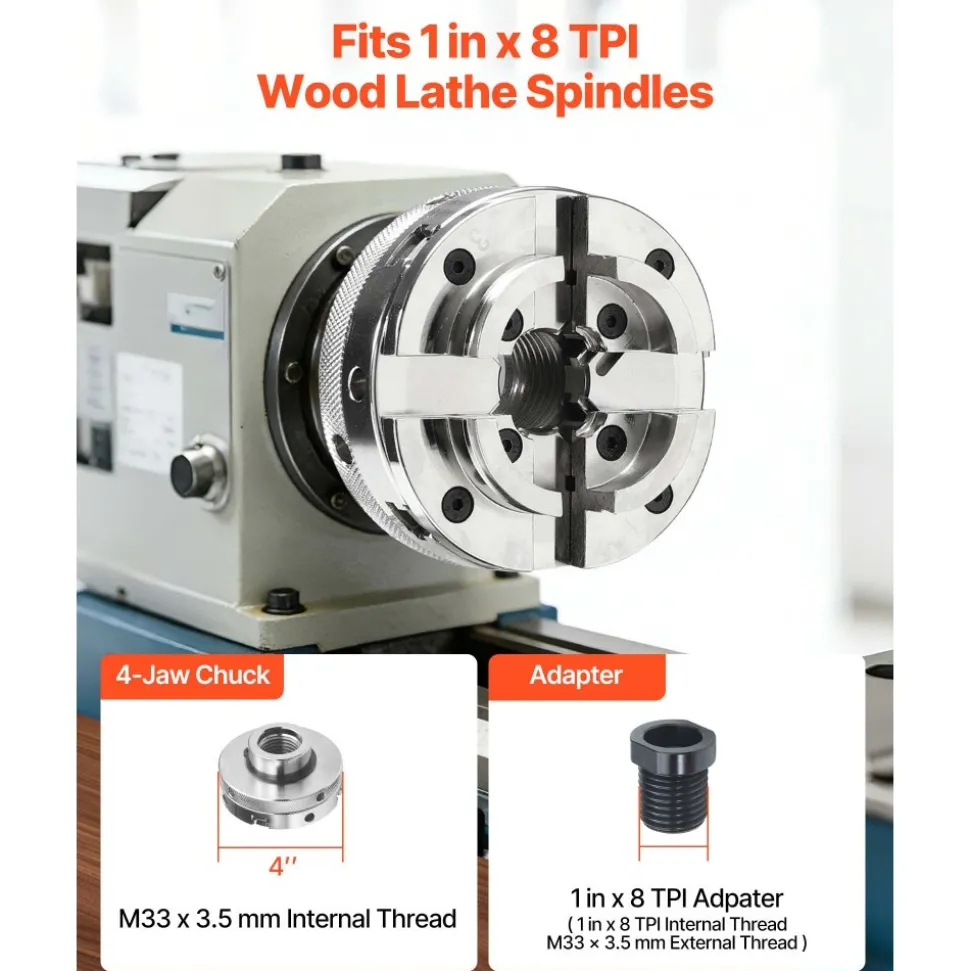 VEVOR 4 Inch Wood Lathe Chuck, 4-Jaw, Self-Centering Wood Turning Chuck Set with 1" x 8TPI Thread & Adapter, Nickel-Plated, High-Hardness Steel, Inside Clamping & Outside Support, for Woodworking