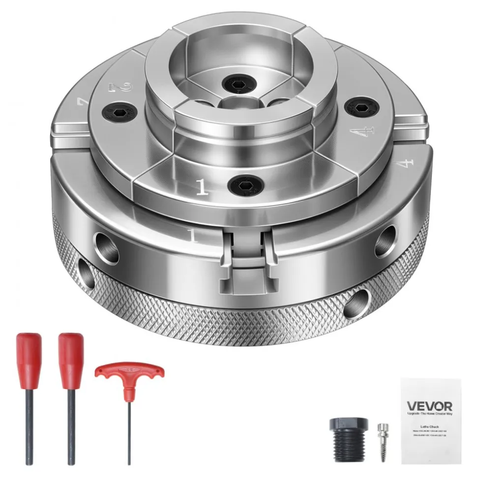 VEVOR 4 Inch Wood Lathe Chuck, 4-Jaw, Self-Centering Wood Turning Chuck Set with 1" x 8TPI Thread & Adapter, Nickel-Plated, High-Hardness Steel, Inside Clamping & Outside Support, for Woodworking