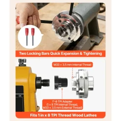 VEVOR 4 Inch Wood Lathe Chuck, 4-Jaw, Self-Centering Wood Turning Chuck Set with 1" x 8TPI Thread & Adapter, 4 PCS Round/Step/Pin Jaws, Case, Nickel-Plated, High-Hardness Steel, for Woodworking Lathe