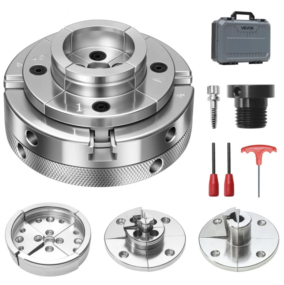 VEVOR 4 Inch Wood Lathe Chuck, 4-Jaw, Self-Centering Wood Turning Chuck Set with 1" x 8TPI Thread & Adapter, 4 PCS Round/Step/Pin Jaws, Case, Nickel-Plated, High-Hardness Steel, for Woodworking Lathe