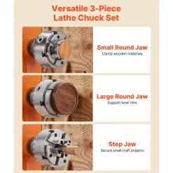 VEVOR 4 Inch Wood Lathe Chuck, 4-Jaw, Bevel-Gear Self-Centering Wood Turning Chuck Set with 1" x 8TPI Thread & Adapter, Round Jaws, Step Jaws, Nickel-Plated, High-Hardness Steel, for Woodworking Lathe