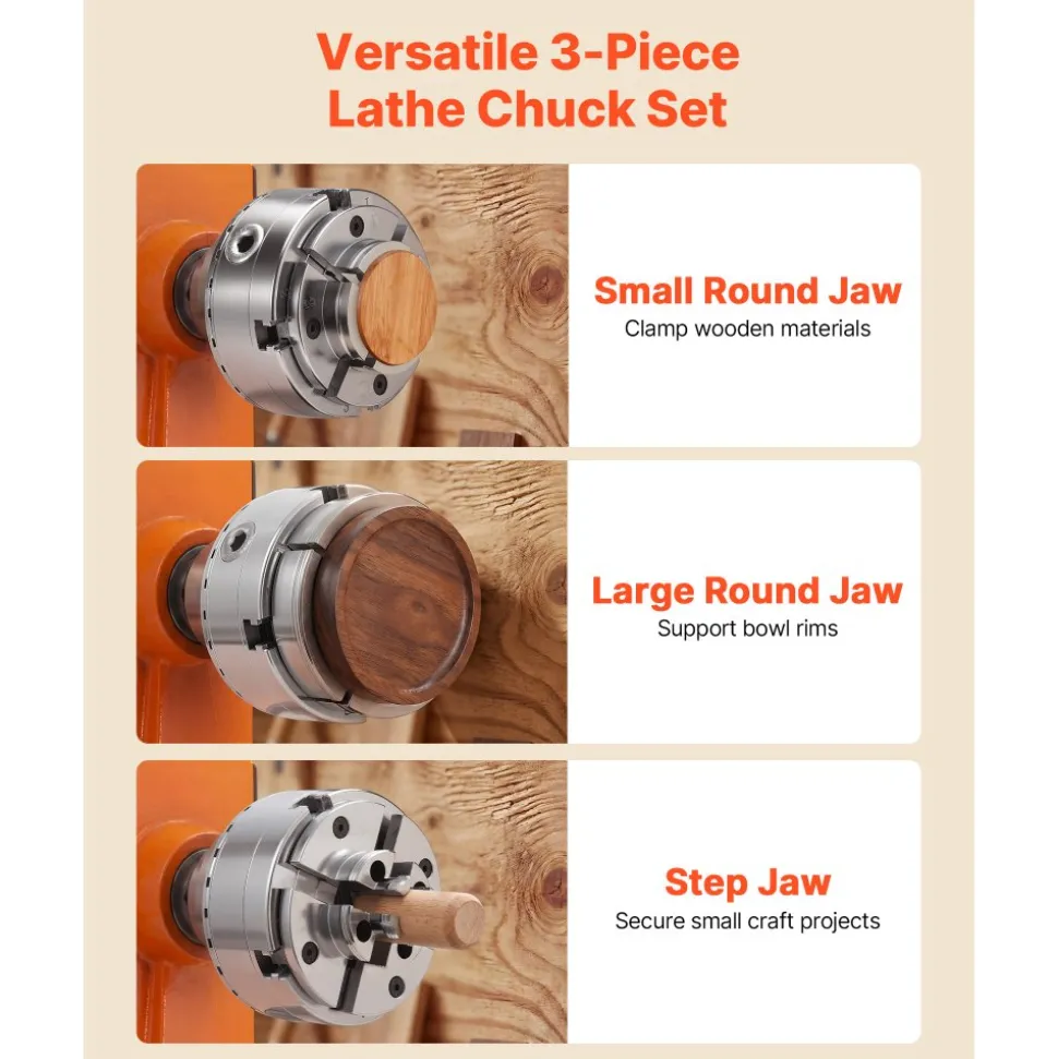 VEVOR 4 Inch Wood Lathe Chuck, 4-Jaw, Bevel-Gear Self-Centering Wood Turning Chuck Set with 1" x 8TPI Thread & Adapter, Round Jaws, Step Jaws, Nickel-Plated, High-Hardness Steel, for Woodworking Lathe