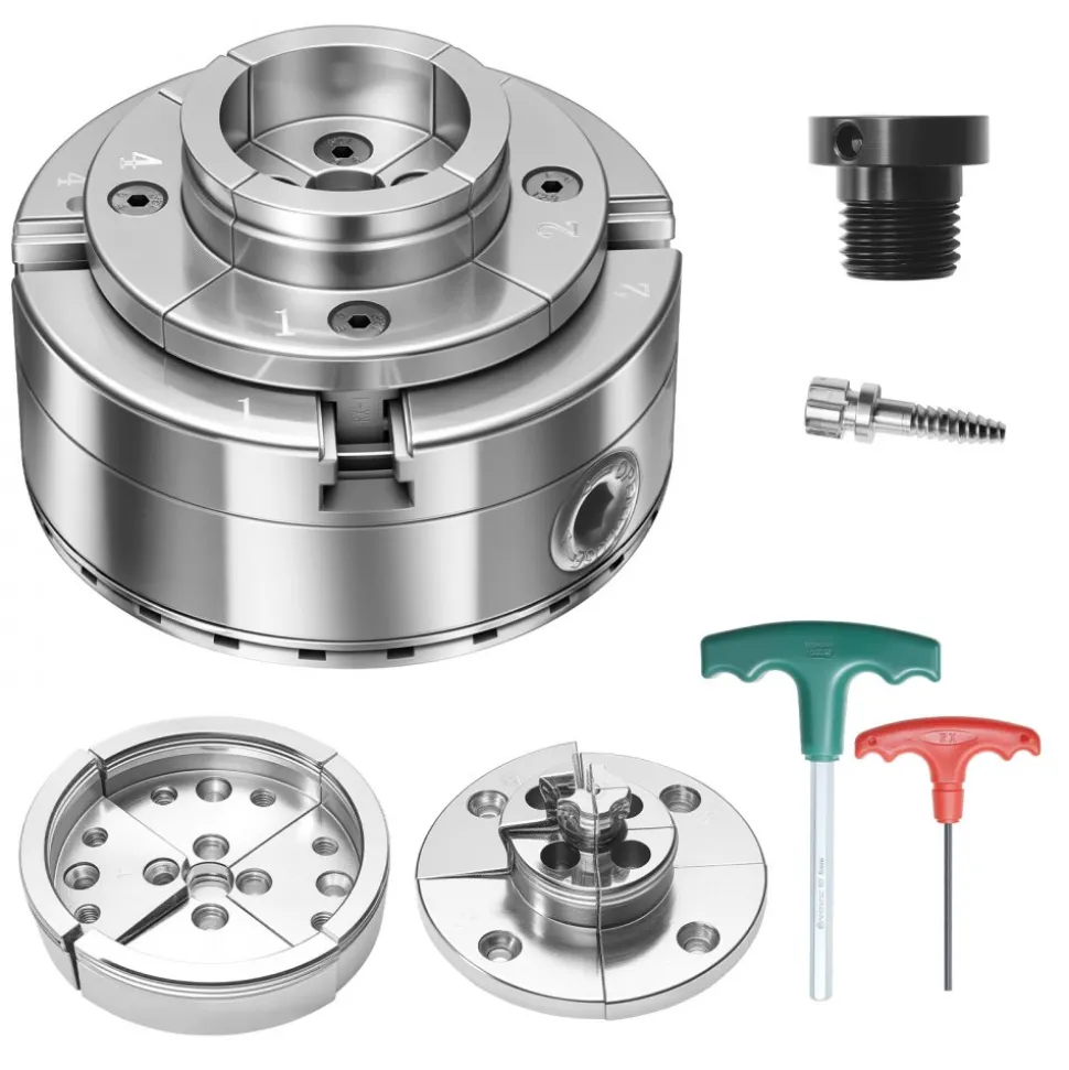VEVOR 4 Inch Wood Lathe Chuck, 4-Jaw, Bevel-Gear Self-Centering Wood Turning Chuck Set with 1" x 8TPI Thread & Adapter, Round Jaws, Step Jaws, Nickel-Plated, High-Hardness Steel, for Woodworking Lathe