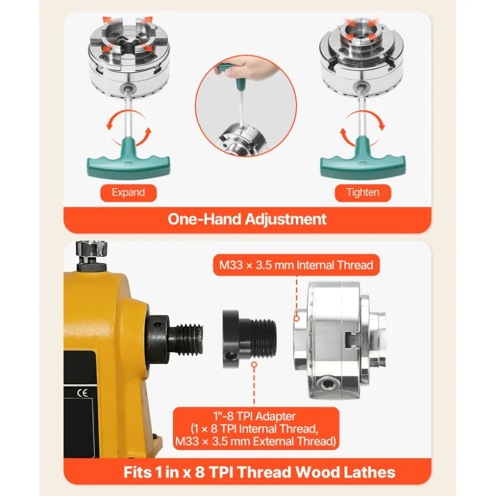 VEVOR 4 Inch Wood Lathe Chuck, 4-Jaw, Bevel-Gear Self-Centering Wood Turning Chuck Set with 1" x 8TPI Thread & Adapter, Round Jaws, Step Jaws, Nickel-Plated, High-Hardness Steel, for Woodworking Lathe