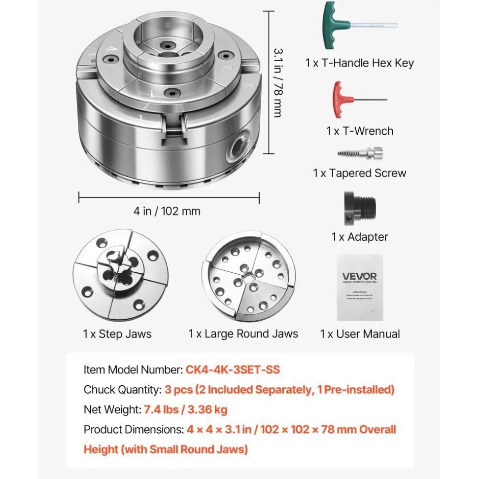 VEVOR 4 Inch Wood Lathe Chuck, 4-Jaw, Bevel-Gear Self-Centering Wood Turning Chuck Set with 1" x 8TPI Thread & Adapter, Round Jaws, Step Jaws, Nickel-Plated, High-Hardness Steel, for Woodworking Lathe