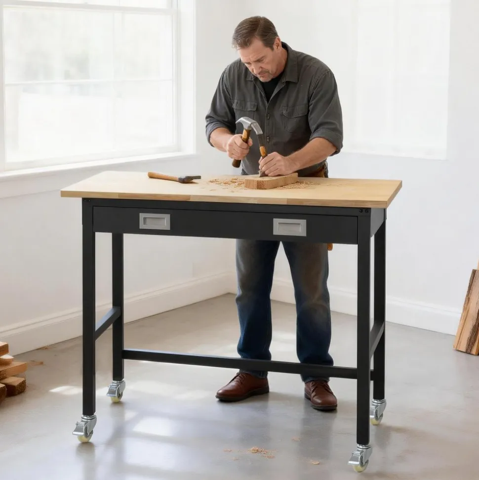 VEVOR 48-inch Workbench, 1500 lbs Load Capacity, Garage Workbench with Drawer Storage & Wheels, Workshop Bench on Wheels, Heavy Duty Oak Wood Top Work Table for Garage, Workshop, Office, and Home