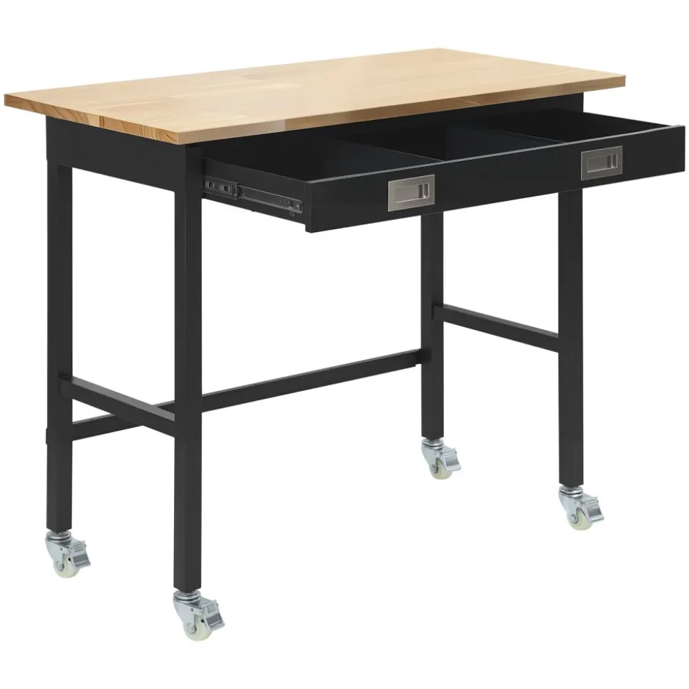 VEVOR 48-inch Workbench, 1500 lbs Load Capacity, Garage Workbench with Drawer Storage & Wheels, Workshop Bench on Wheels, Heavy Duty Oak Wood Top Work Table for Garage, Workshop, Office, and Home