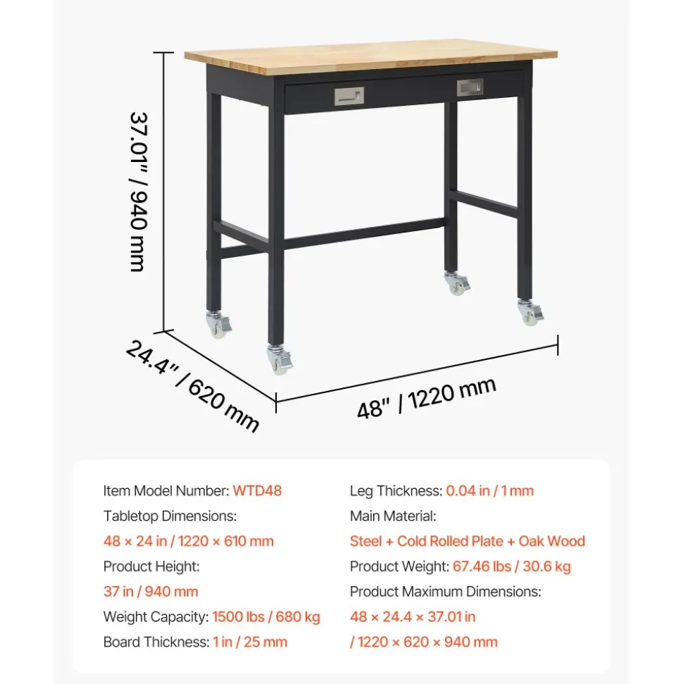 VEVOR 48-inch Workbench, 1500 lbs Load Capacity, Garage Workbench with Drawer Storage & Wheels, Workshop Bench on Wheels, Heavy Duty Oak Wood Top Work Table for Garage, Workshop, Office, and Home