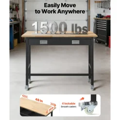 VEVOR 48-inch Workbench, 1500 lbs Load Capacity, Garage Workbench with Drawer Storage & Wheels, Workshop Bench on Wheels, Heavy Duty Oak Wood Top Work Table for Garage, Workshop, Office, and Home