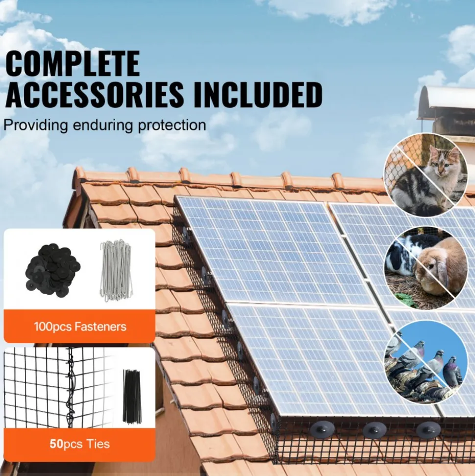 VEVOR 8 inch x 100ft Solar Panel Bird Guard, Critter Guard Roll Kit with Rust-proof PVC Coating, Solar Panel Guard with 50pcs Tire Wires, 1/2 inch Wire Roll Mesh