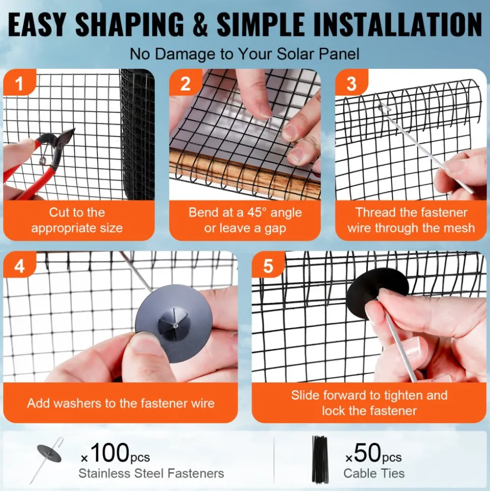 VEVOR 8 inch x 100ft Solar Panel Bird Guard, Critter Guard Roll Kit with 100pcs Aluminum Alloy Fasteners, Solar Panel Guard with Rust-proof PVC Coating, 1/2 inch Wire Roll Mesh