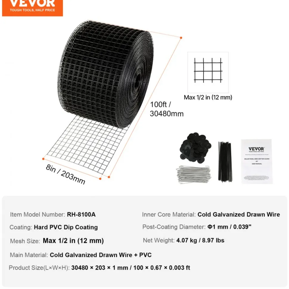 VEVOR 8 inch x 100ft Solar Panel Bird Guard, Critter Guard Roll Kit with 70pcs Aluminum Alloy Fasteners, Solar Panel Guard with Rust-proof PVC Coating, 1/2 inch Wire Roll Mesh