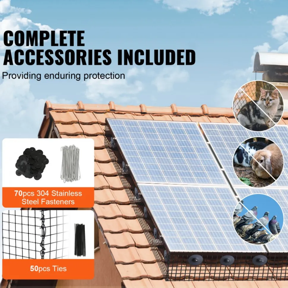 VEVOR 8 inch x 100ft Solar Panel Bird Guard, Critter Guard Roll Kit with 70pcs Aluminum Alloy Fasteners, Solar Panel Guard with Rust-proof PVC Coating, 1/2 inch Wire Roll Mesh