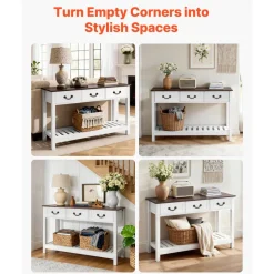 VEVOR 47 in Console Table, Farmhouse Desk Behind the Couch with Drawers and Bottom Storage Shelf, Wooden Rectangle Entrance Narrow Sofa Table for Hallway, Bedroom, Living Room, Foyer, Brown + White