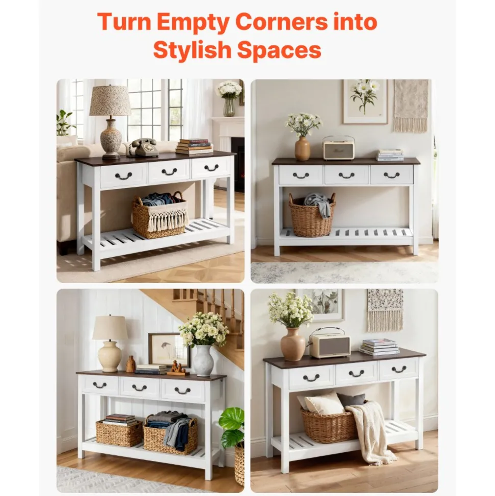 VEVOR 47 in Console Table, Farmhouse Desk Behind the Couch with Drawers and Bottom Storage Shelf, Wooden Rectangle Entrance Narrow Sofa Table for Hallway, Bedroom, Living Room, Foyer, Brown + White