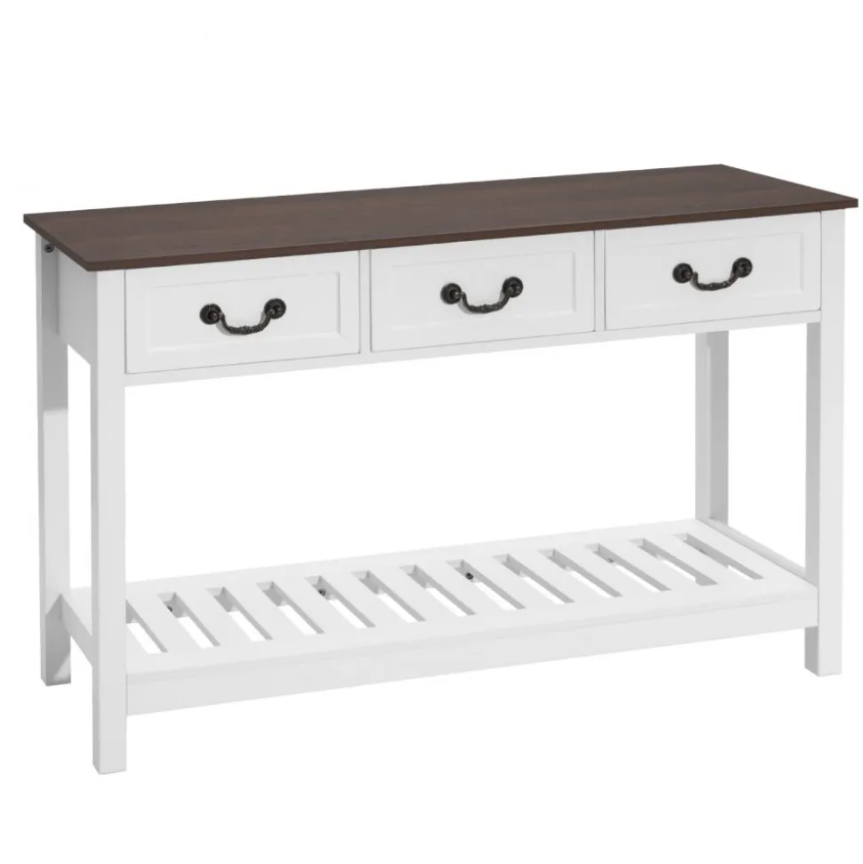 VEVOR 47 in Console Table, Farmhouse Desk Behind the Couch with Drawers and Bottom Storage Shelf, Wooden Rectangle Entrance Narrow Sofa Table for Hallway, Bedroom, Living Room, Foyer, Brown + White