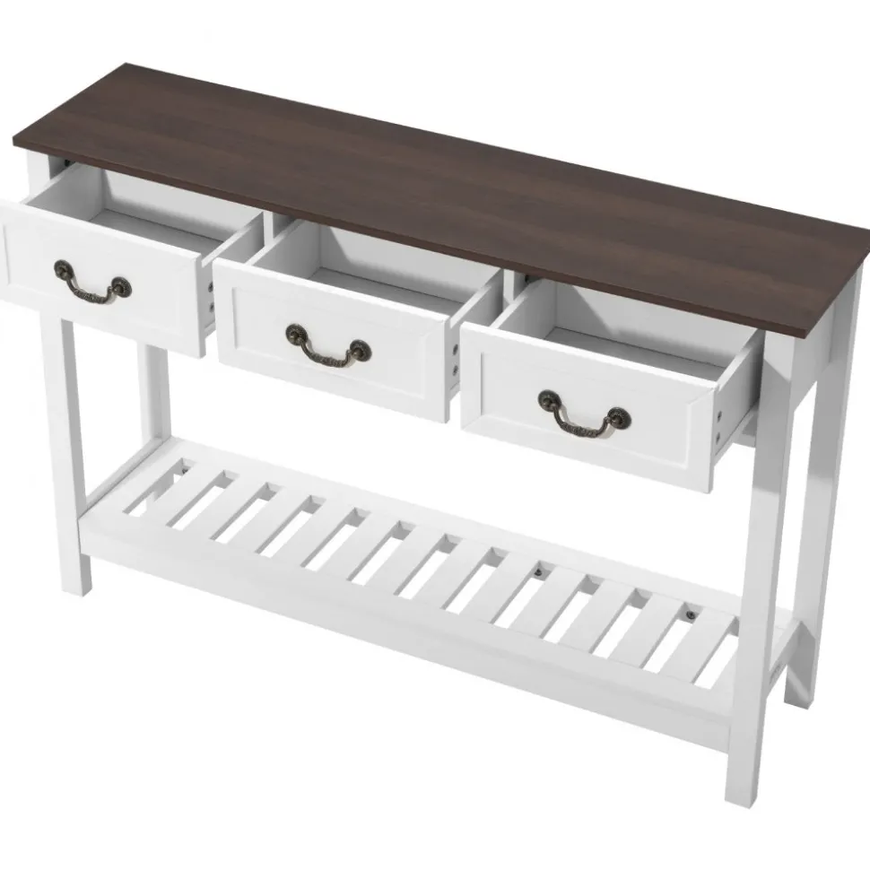 VEVOR 47 in Console Table, Farmhouse Desk Behind the Couch with Drawers and Bottom Storage Shelf, Wooden Rectangle Entrance Narrow Sofa Table for Hallway, Bedroom, Living Room, Foyer, Brown + White