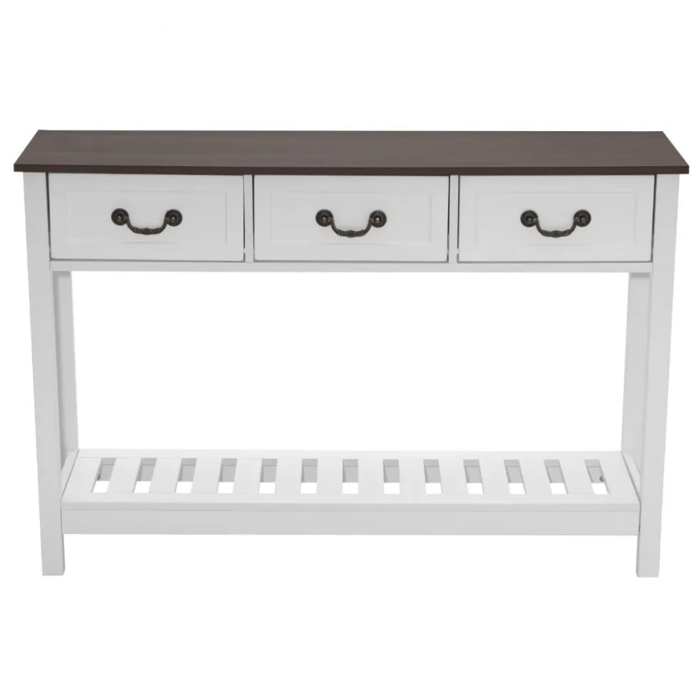 VEVOR 47 in Console Table, Farmhouse Desk Behind the Couch with Drawers and Bottom Storage Shelf, Wooden Rectangle Entrance Narrow Sofa Table for Hallway, Bedroom, Living Room, Foyer, Brown + White