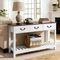 VEVOR 47 in Console Table, Farmhouse Desk Behind the Couch with Drawers and Bottom Storage Shelf, Wooden Rectangle Entrance Narrow Sofa Table for Hallway, Bedroom, Living Room, Foyer, Brown + White