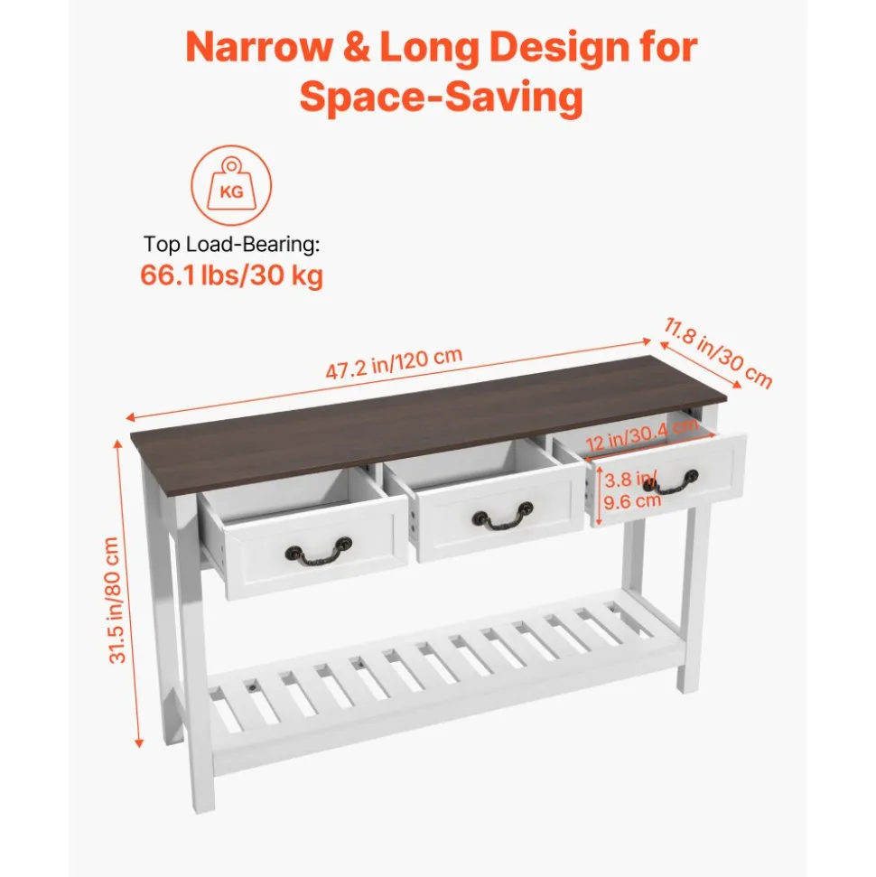 VEVOR 47 in Console Table, Farmhouse Desk Behind the Couch with Drawers and Bottom Storage Shelf, Wooden Rectangle Entrance Narrow Sofa Table for Hallway, Bedroom, Living Room, Foyer, Brown + White