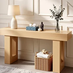 VEVOR 47 in Console Table, Farmhouse Desk Behind the Couch with Drawers and Bottom Storage Shelf, Wooden Rectangle Entrance Narrow Sofa Table for Hallway, Bedroom, Living Room, Foyer, Burlywood