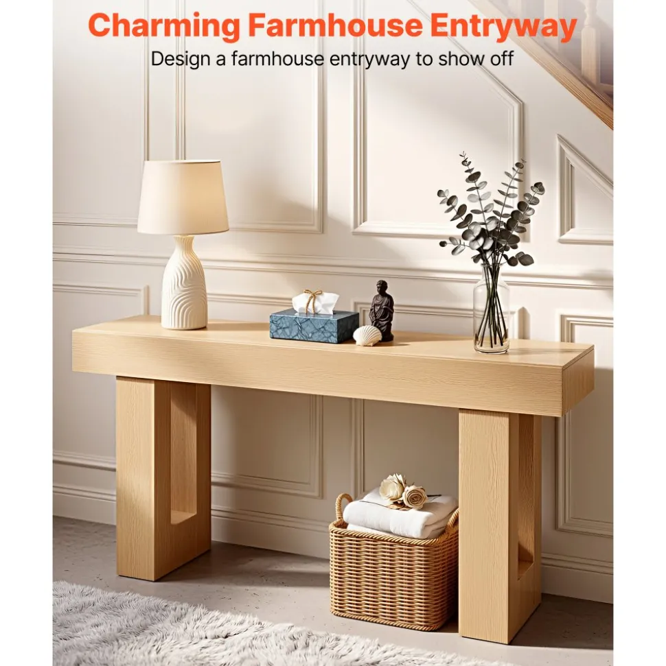 VEVOR 47 in Console Table, Farmhouse Desk Behind the Couch with Drawers and Bottom Storage Shelf, Wooden Rectangle Entrance Narrow Sofa Table for Hallway, Bedroom, Living Room, Foyer, Burlywood