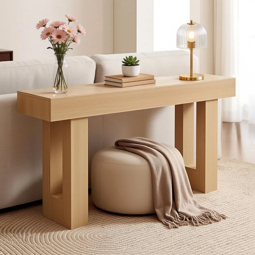 VEVOR 47 in Console Table, Farmhouse Desk Behind the Couch with Drawers and Bottom Storage Shelf, Wooden Rectangle Entrance Narrow Sofa Table for Hallway, Bedroom, Living Room, Foyer, Burlywood