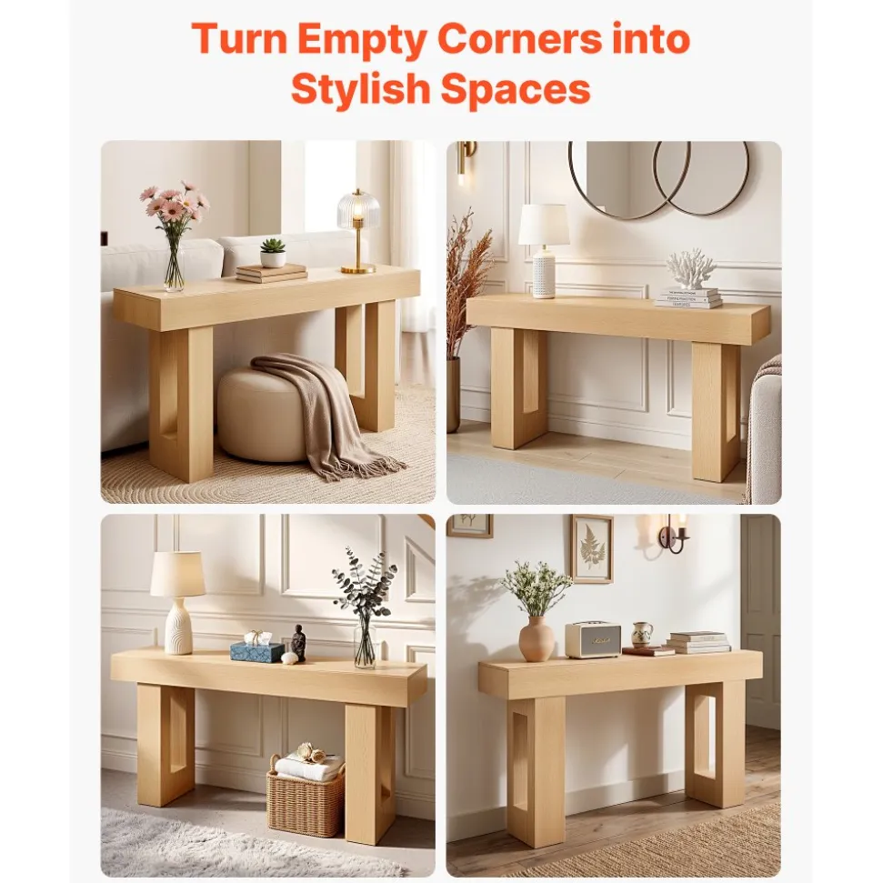 VEVOR 47 in Console Table, Farmhouse Desk Behind the Couch with Drawers and Bottom Storage Shelf, Wooden Rectangle Entrance Narrow Sofa Table for Hallway, Bedroom, Living Room, Foyer, Burlywood