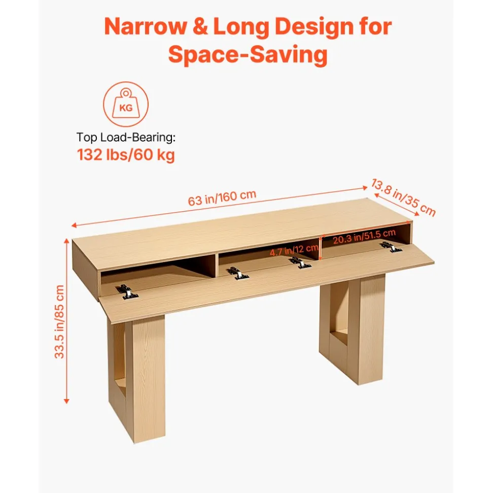 VEVOR 47 in Console Table, Farmhouse Desk Behind the Couch with Drawers and Bottom Storage Shelf, Wooden Rectangle Entrance Narrow Sofa Table for Hallway, Bedroom, Living Room, Foyer, Burlywood