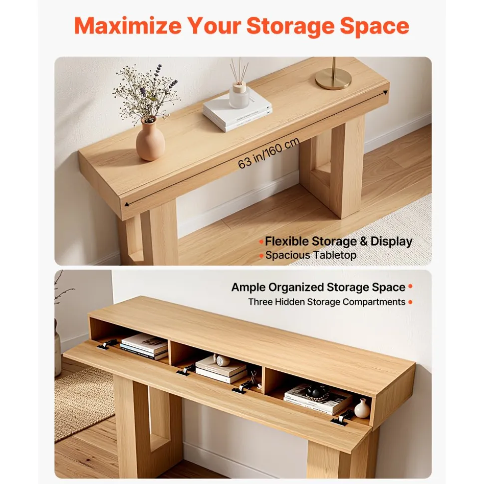 VEVOR 47 in Console Table, Farmhouse Desk Behind the Couch with Drawers and Bottom Storage Shelf, Wooden Rectangle Entrance Narrow Sofa Table for Hallway, Bedroom, Living Room, Foyer, Burlywood