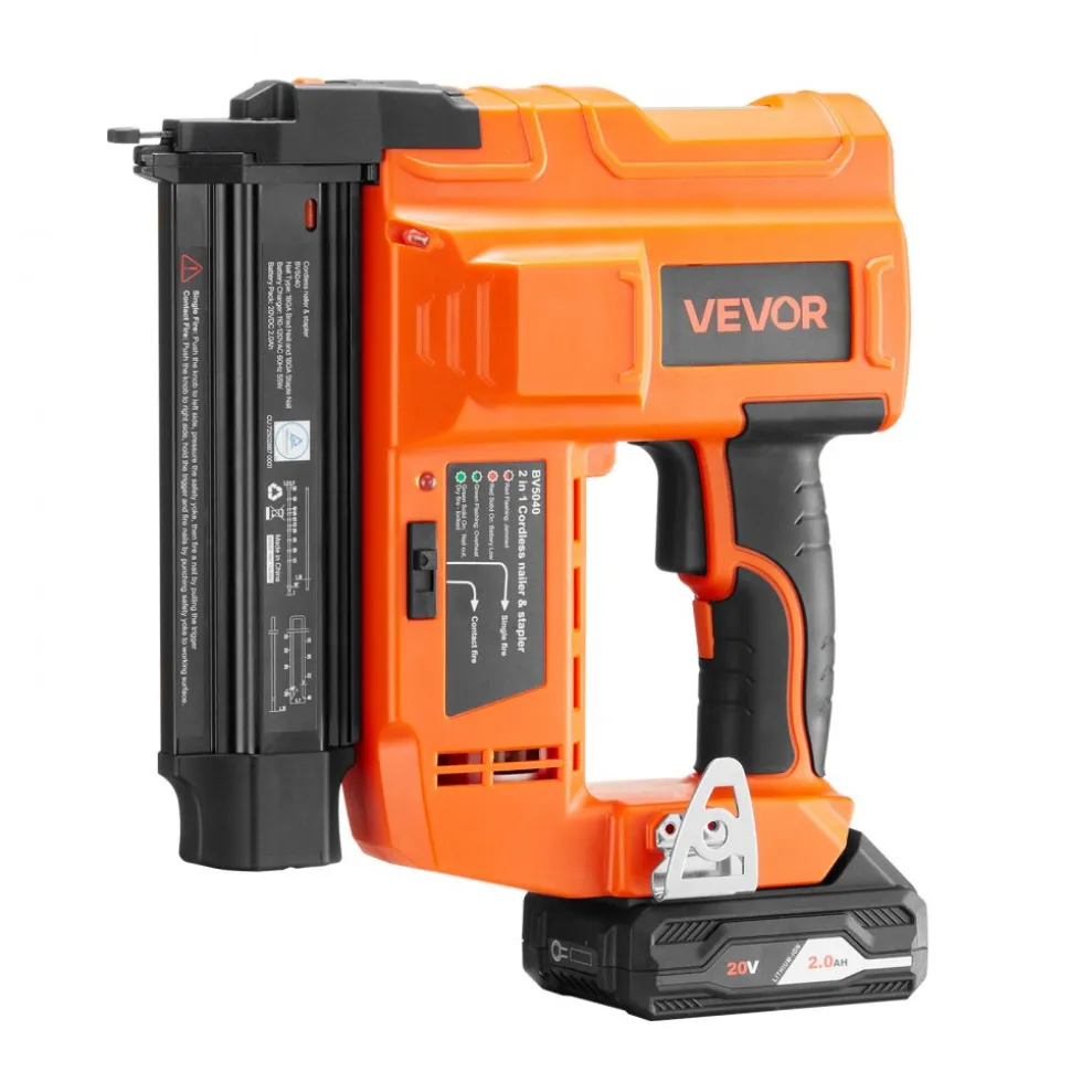 VEVOR 2-in-1 Cordless Brad Nailer, 18 Gauge, 20V Battery Powered Nail Gun and Staple Gun, with 500 pcs Nails, 500 pcs Staples, 2.0 Ah Li-ion Battery and Charger, for Home Improvement, Woodworking