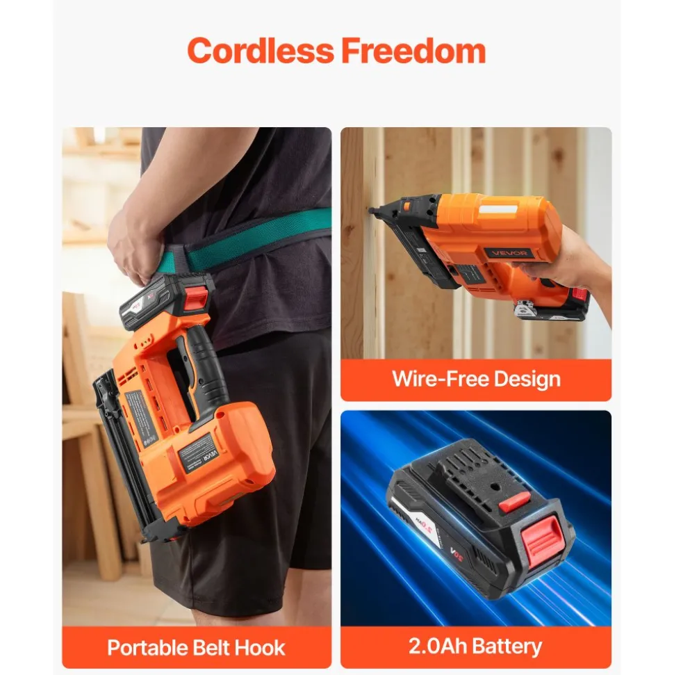 VEVOR 2-in-1 Cordless Brad Nailer, 18 Gauge, 20V Battery Powered Nail Gun and Staple Gun, with 500 pcs Nails, 500 pcs Staples, 2.0 Ah Li-ion Battery and Charger, for Home Improvement, Woodworking