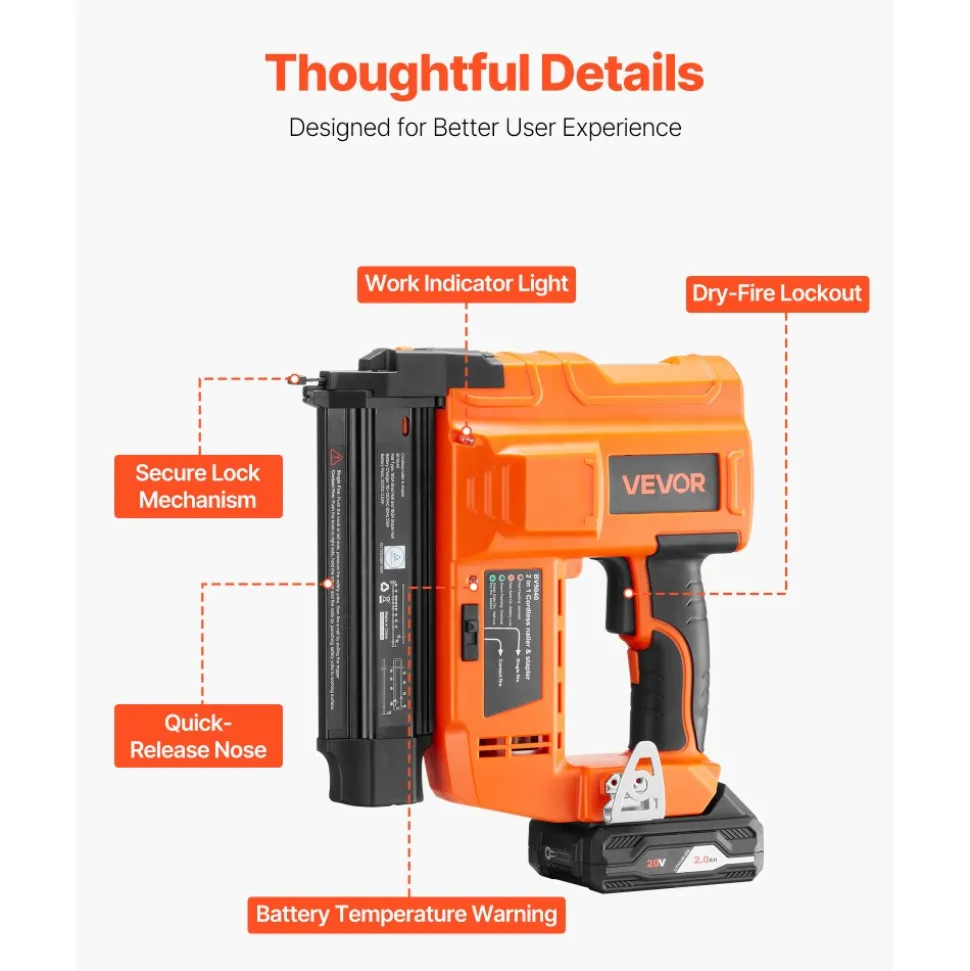 VEVOR 2-in-1 Cordless Brad Nailer, 18 Gauge, 20V Battery Powered Nail Gun and Staple Gun, with 500 pcs Nails, 500 pcs Staples, 2.0 Ah Li-ion Battery and Charger, for Home Improvement, Woodworking