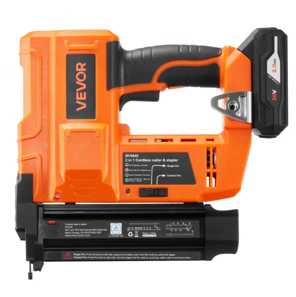 VEVOR 2-in-1 Cordless Brad Nailer, 18 Gauge, 20V Battery Powered Nail Gun and Staple Gun, with 500 pcs Nails, 500 pcs Staples, 2.0 Ah Li-ion Battery and Charger, for Home Improvement, Woodworking