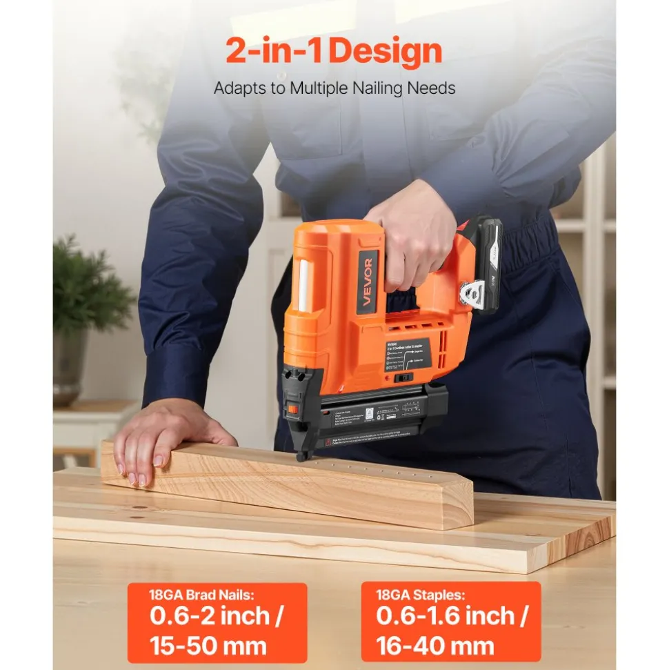 VEVOR 2-in-1 Cordless Brad Nailer, 18 Gauge, 20V Battery Powered Nail Gun and Staple Gun, with 500 pcs Nails, 500 pcs Staples, 2.0 Ah Li-ion Battery and Charger, for Home Improvement, Woodworking