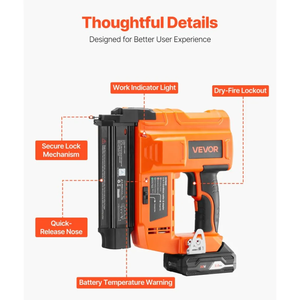 VEVOR 2-in-1 Cordless Brad Nailer, 18 Gauge, 20V Battery Powered Nail Gun and Staple Gun, with 500 pcs Nails, 500 pcs Staples, 2 x 2.0 Ah Li-ion Batteries, Charger, for Home Improvement, Woodworking