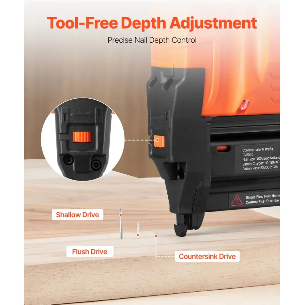 VEVOR 2-in-1 Cordless Brad Nailer, 18 Gauge, 20V Battery Powered Nail Gun and Staple Gun, with 500 pcs Nails, 500 pcs Staples, 2 x 2.0 Ah Li-ion Batteries, Charger, for Home Improvement, Woodworking