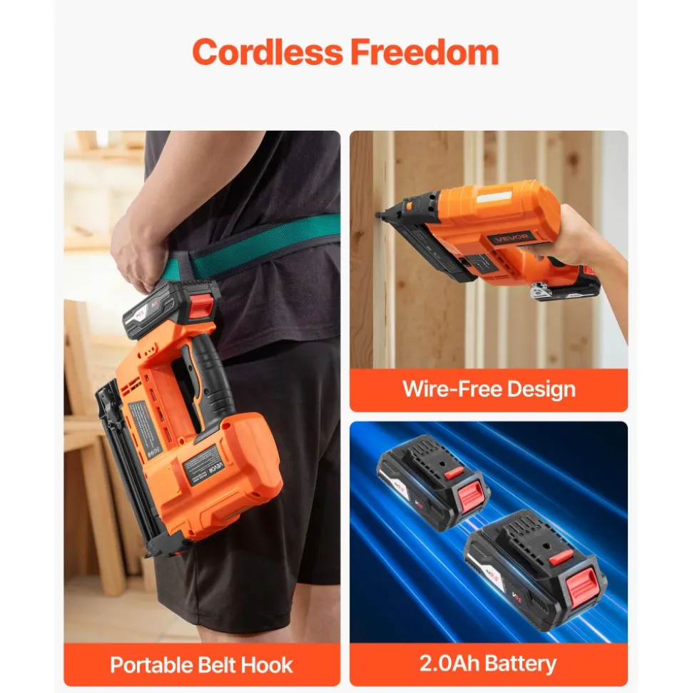 VEVOR 2-in-1 Cordless Brad Nailer, 18 Gauge, 20V Battery Powered Nail Gun and Staple Gun, with 500 pcs Nails, 500 pcs Staples, 2 x 2.0 Ah Li-ion Batteries, Charger, for Home Improvement, Woodworking