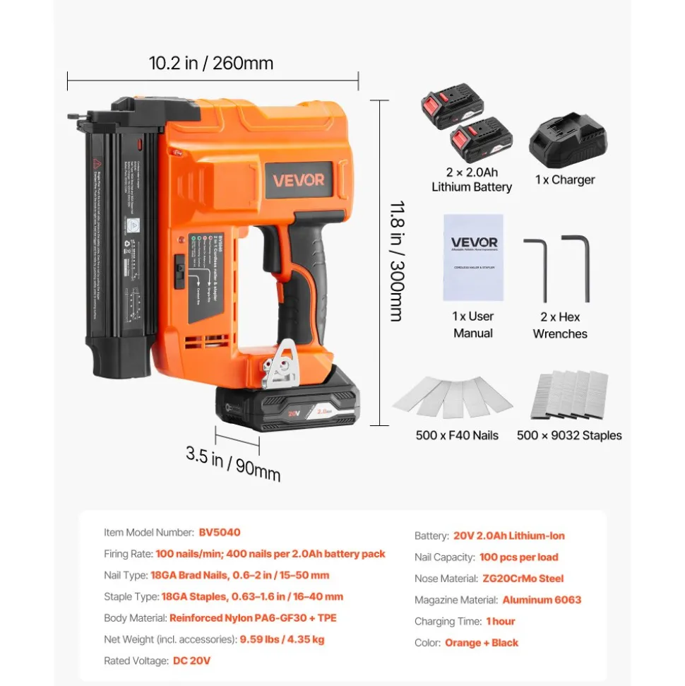 VEVOR 2-in-1 Cordless Brad Nailer, 18 Gauge, 20V Battery Powered Nail Gun and Staple Gun, with 500 pcs Nails, 500 pcs Staples, 2 x 2.0 Ah Li-ion Batteries, Charger, for Home Improvement, Woodworking