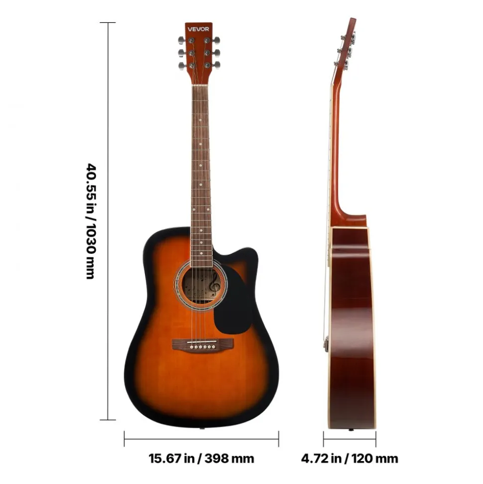 VEVOR 41 in Cutway Acoustic Guitar, 6-String, Sunburst Solid Spruce Top Guitar, Beginner Bundle with Gig Bag, Tuner, Strap, Steel Strings, Picks, Capo, Rosewood Fingerboard, for Fingerstyle Solo Jazz
