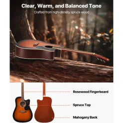 VEVOR 41 in Cutway Acoustic Guitar, 6-String, Sunburst Solid Spruce Top Guitar, Beginner Bundle with Gig Bag, Tuner, Strap, Steel Strings, Picks, Capo, Rosewood Fingerboard, for Fingerstyle Solo Jazz