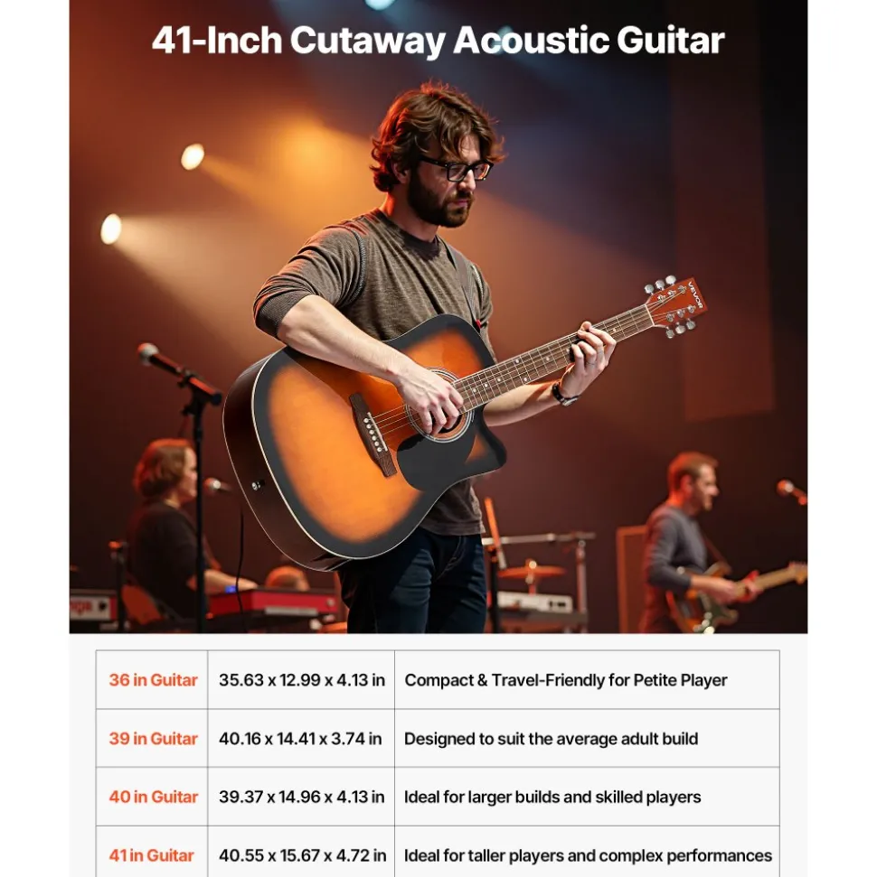VEVOR 41 in Cutway Acoustic Guitar, 6-String, Sunburst Solid Spruce Top Guitar, Beginner Bundle with Gig Bag, Tuner, Strap, Steel Strings, Picks, Capo, Rosewood Fingerboard, for Fingerstyle Solo Jazz